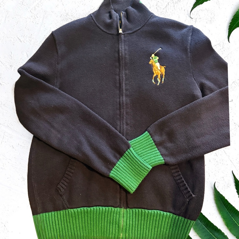 Polo Ralph Lauren Black and Green Full Zip-Up Sweater Boys14-16
